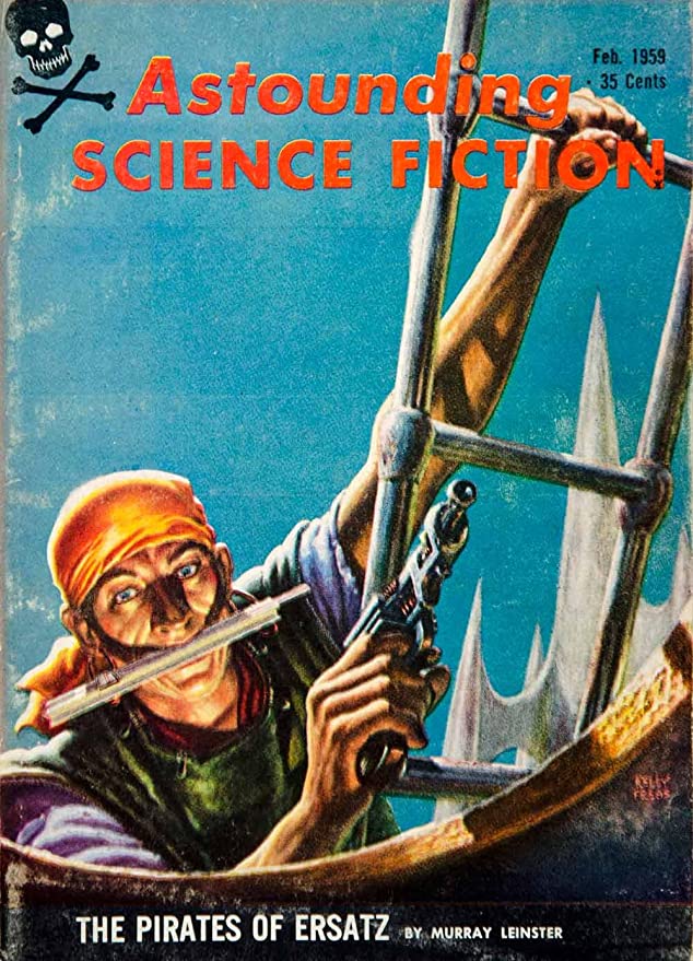 Kelly Freas cover for Astounding Science Fiction of a space pirate boarding a space ship, slide rule clenched between his teeth.